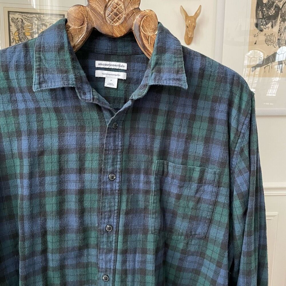 Amazon Essentials Blackwatch Plaid Cotton Flannel Button Up Shirt XL